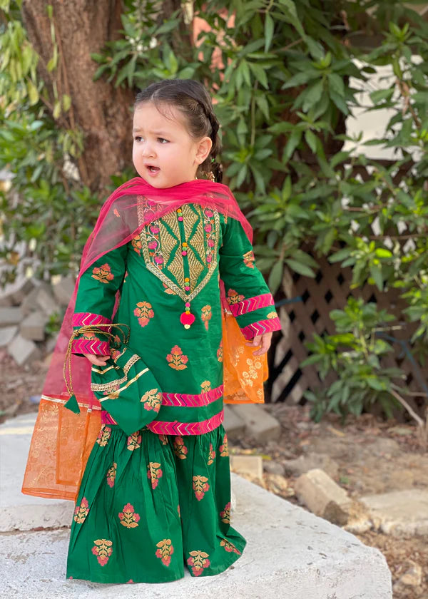 Girls Green Cotton Gharara Suit