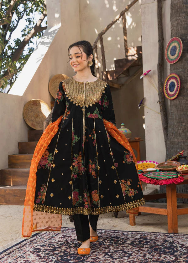 Girls Black Multi Floral Salwar Suit